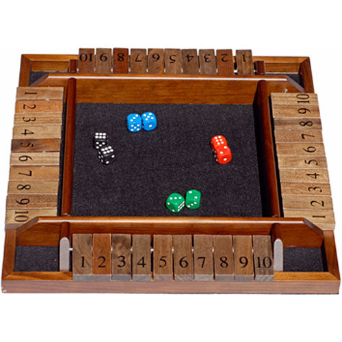 Shut the Box game for 4 players, featuring a wooden frame with numbered tiles and spaces for rolling dice. Includes multiple colored dice.