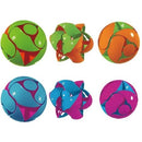 A colorful collection of six interconnected spheres featuring a variety of shapes and designs in vibrant colors such as green, orange, blue, pink, and purple. Each sphere displays a unique pattern with swirling curves, making it visually engaging and suitable for tactile play.