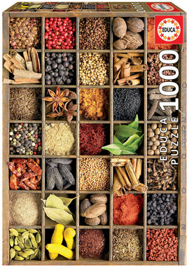 Educa jigsaw puzzle featuring a visually appealing arrangement of various spices in a wooden tray. Each compartment showcases a different spice, including colorful peppercorns, vibrant saffron, and aromatic cinnamon sticks. Ideal for spice lovers and puzzle enthusiasts, this 1000-piece puzzle offers a challenging yet enjoyable experience.