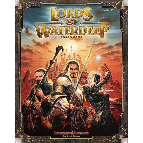 Lords of Waterdeep board game box featuring heroic characters with weapons set against a mystical cityscape, vibrant artwork showcasing the game's fantasy theme.