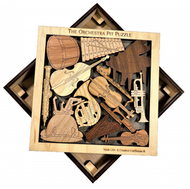 The Orchestra Pit Puzzle by Creative Craft House features intricately designed wooden pieces shaped like various musical instruments, including violins, trumpets, and drums. The puzzle is set in a square frame with detailed engravings, showcasing the beauty of orchestral elements in a unique mechanical design.