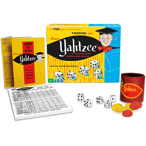 The game Yahtzee by Winning Moves, featuring a colorful box with a classic design, five dice, a scoring sheet, and tokens for gameplay. The box is open to reveal the included components, including a 'How to Play' guide, all arranged on a white background.