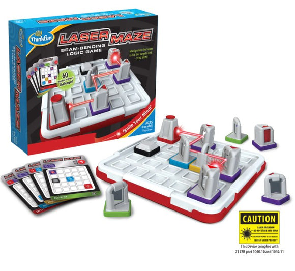 Laser Maze by Thinkfun is a mechanical puzzle game designed for logic enthusiasts. The game includes a base grid with various colored beam benders and a laser, challenging players to manipulate the beam to hit specific targets based on 60 unique challenges. The box features vibrant graphics and age recommendations, perfect for igniting your mind and enhancing problem-solving skills.