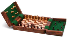 A 7.5-inch magnetic Sheesham chess set opened with a wooden board displaying the checker pattern and pieces placed in their starting positions. The set features two compartments on either side for storing pieces, all crafted from Sheesham wood with a smooth finish and green felt lining for a premium look.
