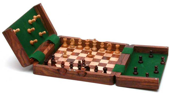 A 7.5-inch magnetic Sheesham chess set opened with a wooden board displaying the checker pattern and pieces placed in their starting positions. The set features two compartments on either side for storing pieces, all crafted from Sheesham wood with a smooth finish and green felt lining for a premium look.
