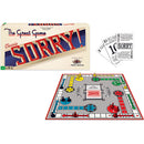 The Classic Sorry! game by Winning Moves featuring a colorful game board with red, yellow, green, and blue player pieces. The game box is displayed behind the board along with cards that are integral to gameplay. Perfect for family game nights, this traditional board game promotes strategy and fun.