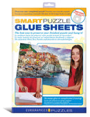 Individual Smart Puzzle Glue Sheets by Eurographics, designed to preserve and display your completed jigsaw puzzle with ease. The packaging features a young girl demonstrating the application of the glue sheets on a colorful puzzle image with a scenic view. Includes hangers for easy mounting, with a clear message highlighting the simplicity and mess-free application without traditional glue or complicated framing.