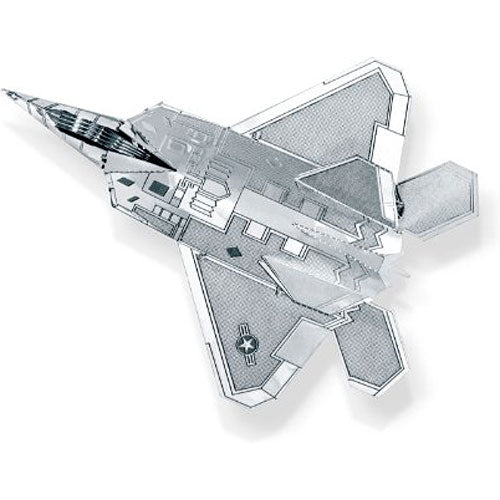 A detailed metal model of the F22 Raptor aircraft from Metal Earth, designed by Fascinations. The model features intricate patterns and cutouts, showcasing the sleek design of the fighter jet, ideal for DIY enthusiasts and aviation lovers alike.