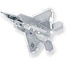 A detailed metal model of the F22 Raptor aircraft from Metal Earth, designed by Fascinations. The model features intricate patterns and cutouts, showcasing the sleek design of the fighter jet, ideal for DIY enthusiasts and aviation lovers alike.