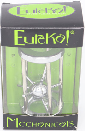 Caged Nova Mechanical puzzle by Eureka Puzzles, showcased in its transparent packaging with a vibrant green background. The puzzle features a spherical center surrounded by metal spikes, exemplifying intricate mechanical design.