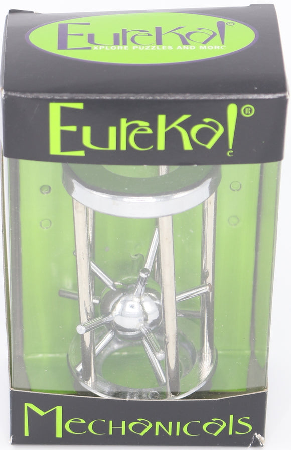 Caged Nova Mechanical puzzle by Eureka Puzzles, showcased in its transparent packaging with a vibrant green background. The puzzle features a spherical center surrounded by metal spikes, exemplifying intricate mechanical design.