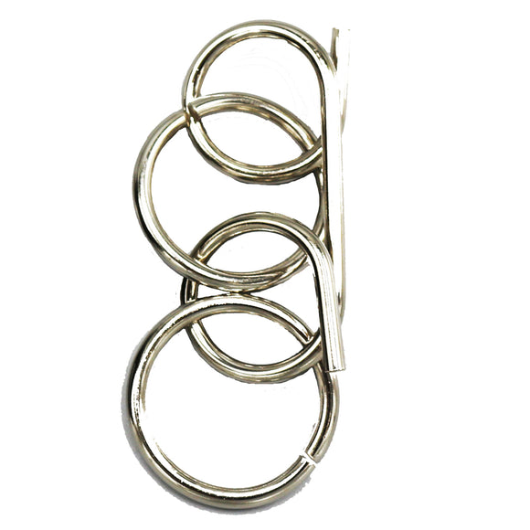 Four Rings Mechanical puzzle by Eureka Puzzles, featuring a complex arrangement of four interconnected metal rings. Ideal for enhancing problem-solving skills and providing an engaging challenge.