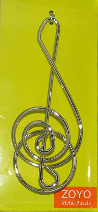 G Cleff (S) is a mechanical puzzle designed by Eureka Puzzles, featuring an intricate metal design resembling a musical clef. The shiny, silver-colored puzzle showcases intertwining loops and curves, providing a challenging yet rewarding experience for puzzle enthusiasts. It comes in a bright yellow packaging, making it visually appealing.
