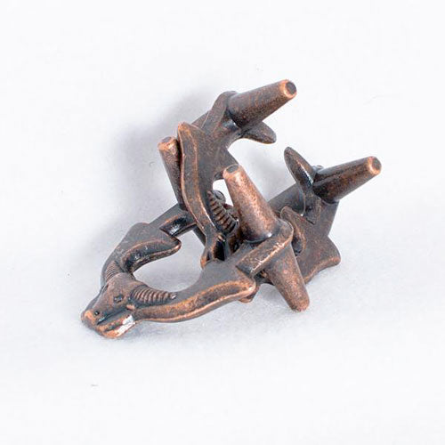 The Bulls-I Mechanical puzzle by Eureka Puzzles showcases an intricate design, featuring a bronze-toned construction with an artistic depiction of bull-like figures intertwined. This mechanical puzzle challenges users to understand its unique locking mechanism, providing both aesthetic appeal and a stimulating mental challenge.