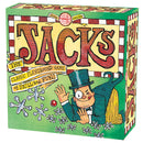 A colorful packaging for Classic Jacks by House of Marbles, featuring a playful illustration of a character in a top hat. The box is adorned with the words 'JACKS' and 'The classic playground game of skill and fun!' in bold letters. It depicts jacks and a ball, inviting players to engage in this traditional game.