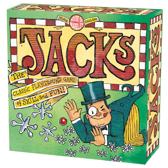 A colorful packaging for Classic Jacks by House of Marbles, featuring a playful illustration of a character in a top hat. The box is adorned with the words 'JACKS' and 'The classic playground game of skill and fun!' in bold letters. It depicts jacks and a ball, inviting players to engage in this traditional game.