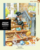 A colorful jigsaw puzzle featuring a charming illustration of a dog sitting on stairs surrounded by various items for sale, including toys and accessories. The cover art is designed by Peter de Sève and represents the 'Tag Sale' theme from The New Yorker magazine.