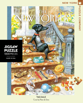 A colorful jigsaw puzzle featuring a charming illustration of a dog sitting on stairs surrounded by various items for sale, including toys and accessories. The cover art is designed by Peter de Sève and represents the 'Tag Sale' theme from The New Yorker magazine.