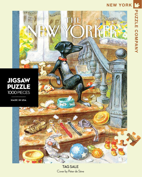 A colorful jigsaw puzzle featuring a charming illustration of a dog sitting on stairs surrounded by various items for sale, including toys and accessories. The cover art is designed by Peter de Sève and represents the 'Tag Sale' theme from The New Yorker magazine.