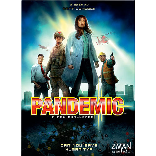 The game box for 'Pandemic' by Z-Man Games features dynamic artwork depicting a diverse team of individuals, including a woman in a blue coat and men in military and professional attire, set against a city skyline and helicopters in the background. The title 'Pandemic' is prominently displayed in bold red letters, with the tagline 'A New Challenge' beneath it. The box invites players to engage in a cooperative gameplay experience where they must strategize to save humanity from global outbreaks.