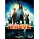 The game box for 'Pandemic' by Z-Man Games features dynamic artwork depicting a diverse team of individuals, including a woman in a blue coat and men in military and professional attire, set against a city skyline and helicopters in the background. The title 'Pandemic' is prominently displayed in bold red letters, with the tagline 'A New Challenge' beneath it. The box invites players to engage in a cooperative gameplay experience where they must strategize to save humanity from global outbreaks.