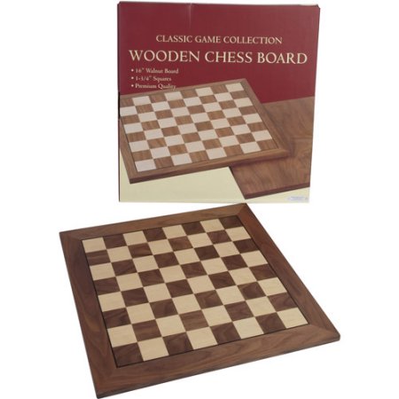 A 16-inch walnut chessboard featuring a classic checkered pattern with alternating light and dark squares. The chessboard is displayed alongside its packaging, emphasizing its premium quality and suitability for strategic games. Perfect for chess enthusiasts and collectors.
