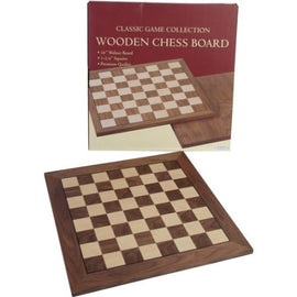 20-inch walnut chessboard featuring a classic checkered design with 2-inch squares. The board is made of premium quality wood, ideal for chess enthusiasts and collectors. Accompanied by a box showcasing the 'Classic Game Collection' branding.