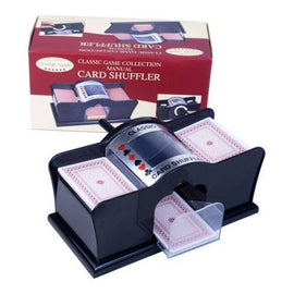 Manual card shuffler for two decks by John N. Hansen Co. Inc., featuring a black plastic body with a crank handle. A branded box showing the card shuffler is in the background.