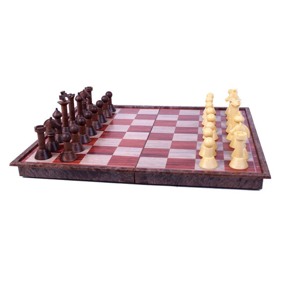 An 11-inch wooden magnetic chess set featuring a checkered board with alternating light and dark squares. The chess pieces are neatly arranged, with dark and light colored pieces ready for play. The board is folding, allowing for easy storage and transport.
