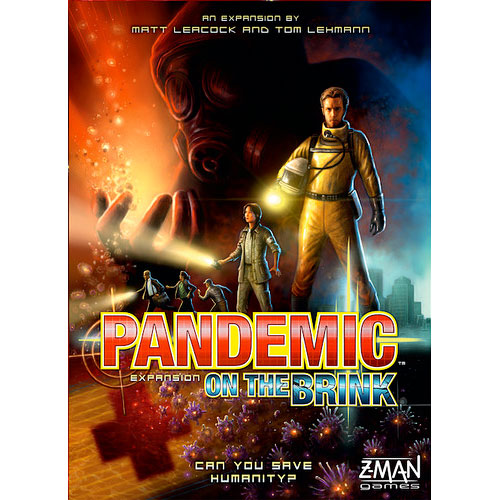 The game box for 'Pandemic: On the Brink' displays vivid artwork featuring a diverse group of characters in protective gear as they battle against infectious diseases. The title is prominently featured at the center, with the tagline 'Can you save humanity?' below it. The background includes graphics of a globe and DNA strands, evoking a sense of urgency and global health challenges. The box showcases an expansion for the popular Pandemic board game, designed for strategic cooperative gameplay.