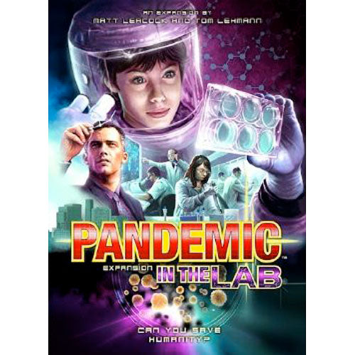 The box cover of the game 'Pandemic: In the Lab Expansion' by Z-Man Games. Features a vibrant illustration with a female scientist in a protective suit holding lab samples, surrounded by other characters and a city skyline. The title is prominently displayed at the bottom with a tagline asking if players can save humanity.