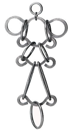 The Big Shot Tavern Puzzle by Tucker Jones House is a mechanical puzzle crafted from durable metal. It features a series of interlocking rings arranged in a complex, intriguing design, challenging the solver to separate the pieces. Its sleek and industrial appearance makes it an appealing decorative piece as well as a fun intellectual challenge.