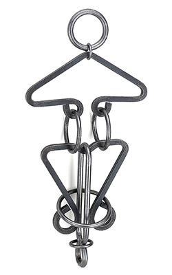 Black Jack Tavern Puzzle by Tucker Jones House featuring a complex design made of interlocking metal rings and shapes. The mechanical puzzle offers a challenging and engaging experience, emphasizing creativity and critical thinking skills as users work to separate the intertwined pieces.