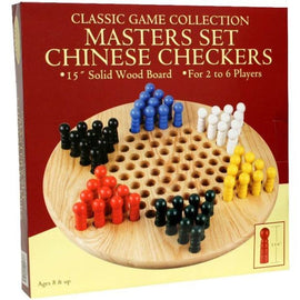 Chinese Checkers game by John N. Hansen Co. Inc. featuring a 15-inch solid wood game board. The board displays multiple colored pegs: red, blue, black, yellow, and white arranged in a star pattern. Game designed for 2 to 6 players, suitable for ages 8 and up.