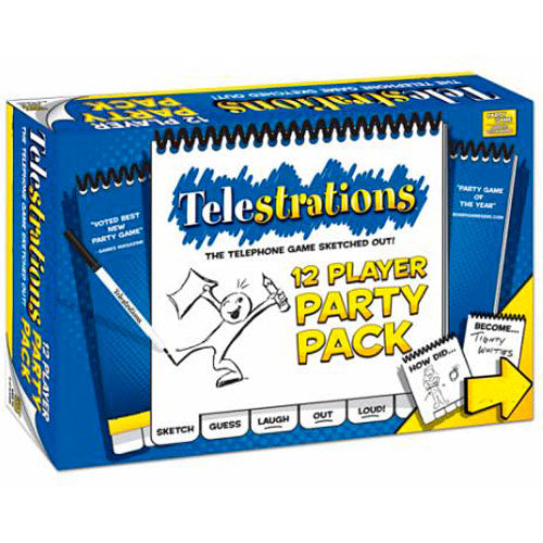 Telestrations: 12 Player Party Pack by USAopoly featuring a colorful box design. The game is designed for large groups, allowing 12 players to sketch, guess, and laugh out loud while competing in a fun and interactive drawing game. The box includes gameplay instructions and showcases a lighthearted party atmosphere.