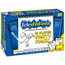 Telestrations: 12 Player Party Pack by USAopoly featuring a colorful box design. The game is designed for large groups, allowing 12 players to sketch, guess, and laugh out loud while competing in a fun and interactive drawing game. The box includes gameplay instructions and showcases a lighthearted party atmosphere.
