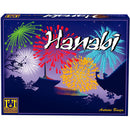 The game 'Hanabi' by R&R Games features a vibrant box design displaying colorful fireworks against a dark, starry sky with silhouettes of trees and a pagoda. The title 'Hanabi' is prominently featured in a playful, white font, while the R&R Games logo is located on the bottom left corner of the box.