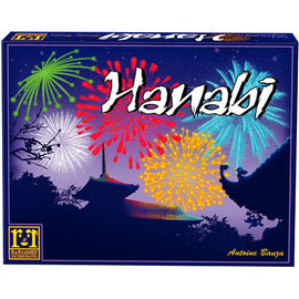 The game 'Hanabi' by R&R Games features a vibrant box design displaying colorful fireworks against a dark, starry sky with silhouettes of trees and a pagoda. The title 'Hanabi' is prominently featured in a playful, white font, while the R&R Games logo is located on the bottom left corner of the box.
