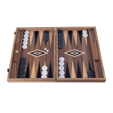 19-inch wooden backgammon set from Manopoulous, featuring a beautifully designed board with a rich wooden finish, alternating light and dark triangles, black and white checkers, and two dice, all set in an elegant carrying case.