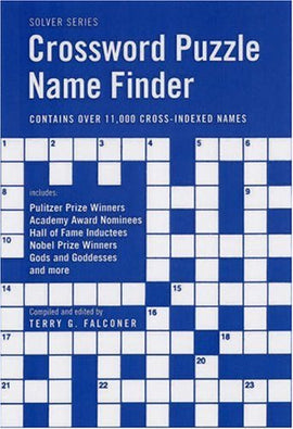 Cover of the book 'Crossword Puzzle Name Finder' by Firefly Books LTD, featuring a blue background with white crossword grid. It contains over 11,000 cross-indexed names including Pulitzer Prize Winners, Academy Award Nominees, Hall of Fame Inductees, and more.