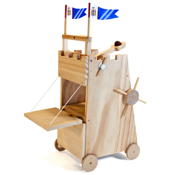 A wooden DIY Siege Tower model by Pathfinders, featuring a detailed castle design with flags, a working drawbridge, and wheels for movement. Perfect for creative projects and imaginative play.