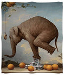 A whimsical jigsaw puzzle by Artifact Wooden Puzzles featuring a surreal image of an elephant balancing on boxes, surrounded by oranges and a pendulum. The artistic design showcases a blend of humor and creativity, perfect for puzzle enthusiasts.