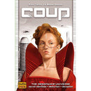Coup board game by Indie Boards and Cards features a striking cover with a stylish woman in a red dress. The title 'Coup' is prominently displayed at the top, with smaller text indicating its connection to 'The Resistance Universe.' This game focuses on secret identities, deduction, and deception, making it a thrilling social strategy experience for players.