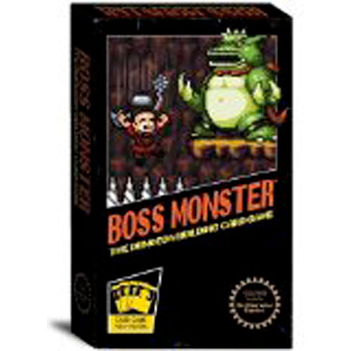 Boss Monster: The Dungeon Building Card Game box featuring a colorful illustration of a hero battling a monster in a dungeon setting. The game is designed for strategic play and creative dungeon-building.