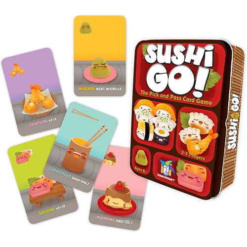Sushi Go! card game by Gamewright, featuring colorful sushi-themed cards including Tempura, Wasabi, and Pudding, in a compact, appealing box designed for 2-5 players aged 8 and up. The game encourages strategic pick-and-pass gameplay, showcasing whimsical illustrations and vibrant colors.