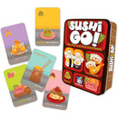 Sushi Go! card game by Gamewright, featuring colorful sushi-themed cards including Tempura, Wasabi, and Pudding, in a compact, appealing box designed for 2-5 players aged 8 and up. The game encourages strategic pick-and-pass gameplay, showcasing whimsical illustrations and vibrant colors.