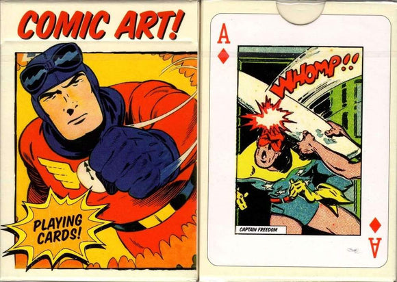 Single deck of Comic Art playing cards featuring colorful illustrations of comic superheroes. The deck includes vibrant imagery and dynamic action scenes, perfect for card games or collectors.
