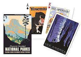 Single deck of National Parks playing cards by Piatnick, featuring colorful and artistic illustrations of iconic American landscapes and landmarks, showcasing natural beauty and adventure.