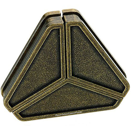 The Cast Delta is a mechanical puzzle designed by Hanayama. It features a unique triangular shape with a textured bronze finish. This interlocking puzzle challenges users to separate and reassemble its pieces, enhancing problem-solving skills and dexterity.
