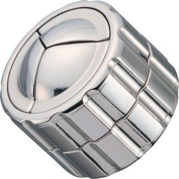 The Cast Cylinder by Hanayama is a shiny, metallic mechanical puzzle featuring a cylindrical shape with intricate engravings and a smooth, reflective surface. The puzzle presents a challenge as you manipulate its pieces to achieve the solution. Ideal for puzzle enthusiasts, it showcases a combination of design and problem-solving.